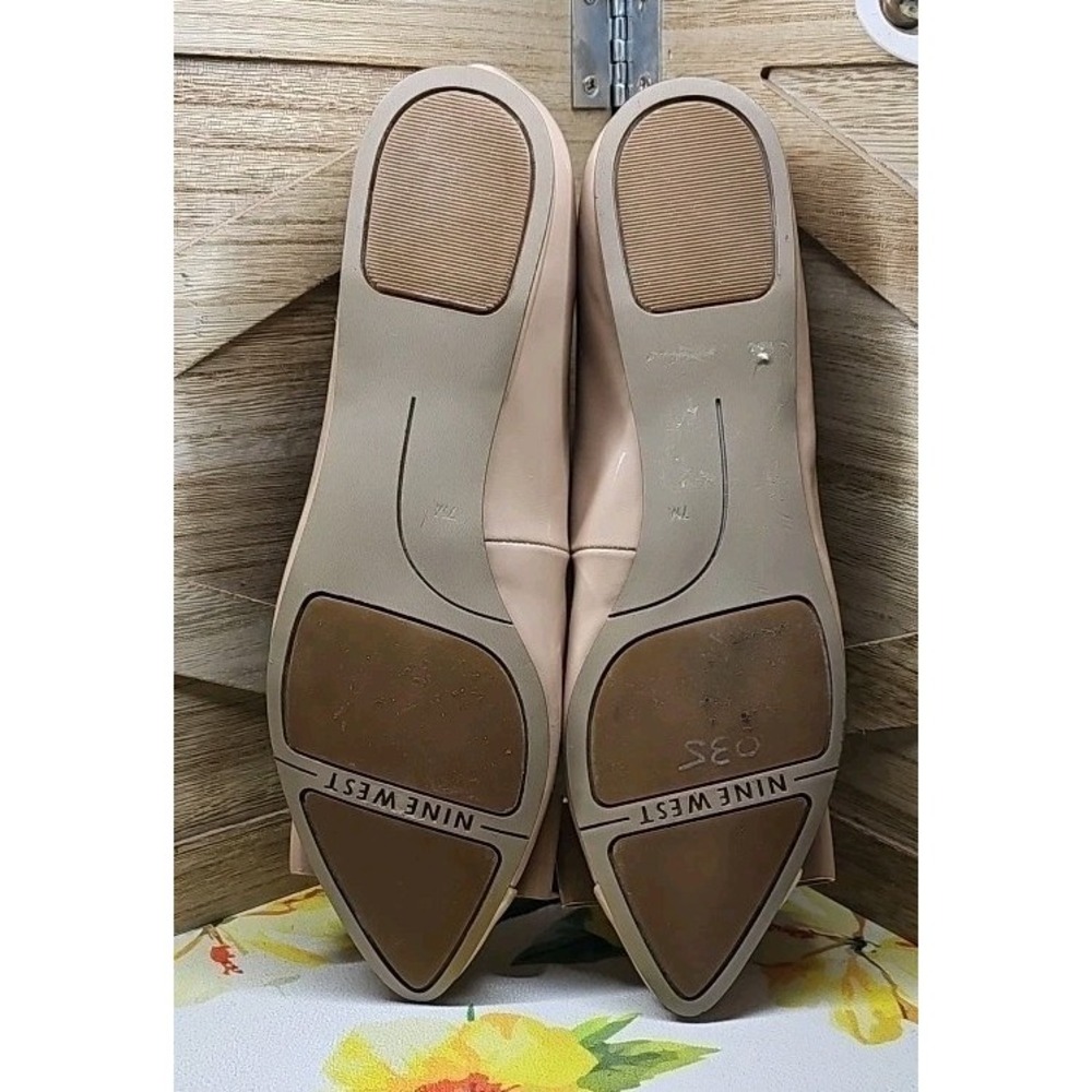 Nine West Sz 7 Vegan Patent Leather Nude Ballet Flats With Large Bow #451 - Picture 7 of 8